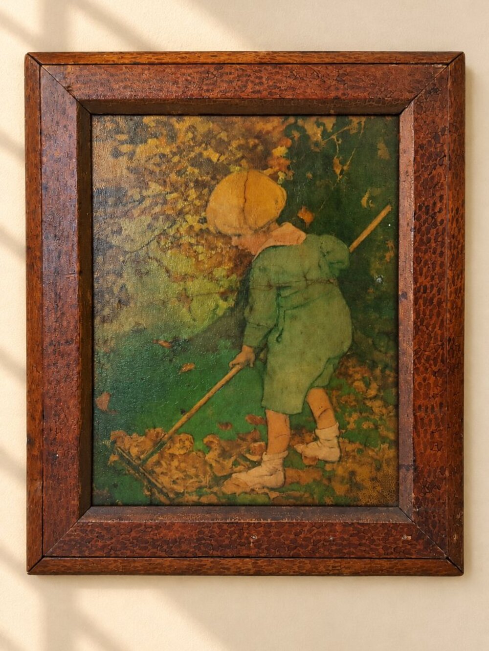 Jessie Willcox Smith Vintage Art Print Boy Raking Leaves Rustic Autumn Framed